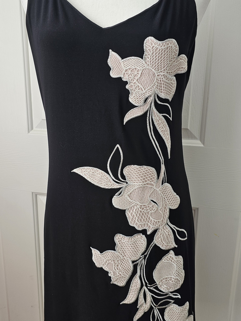 White House Black MarketV-Neck Slip Dress with Ivory Floral Lace Appliqué Size S